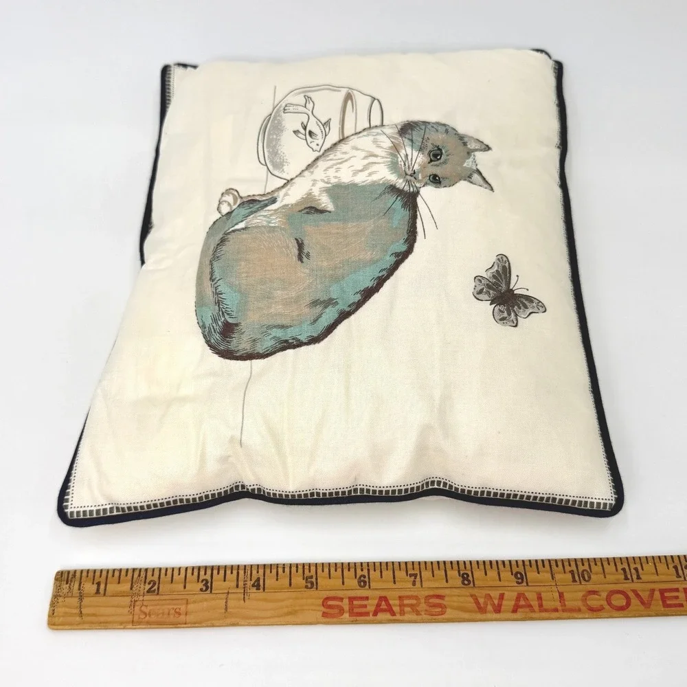 Vintage‎ Cat Fishbowl Butterfly Decorative Accent Pillow Cream